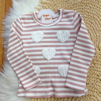 Conj. Blusa Manga Longa Listrada Corações de Pelinho e Short Saia - Rose e Areia